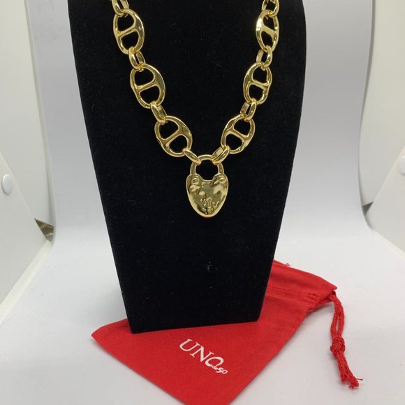 Uno de 50 Necklace Gold-plated Heavy Double Link Necklace Large Heart Lock - Picture 6 of 7